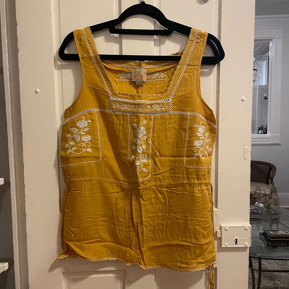 Yellow tank with white embroidered florals